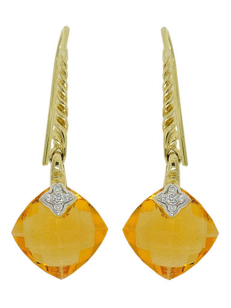 18K DAVID YURMAN CITRINE & DIAMOND EARRINGS: 18K DAVID YURMAN CITRINE & DIAMOND EARRINGS - In yellow gold. 2 cushion checkerboard cut citrine = 3.00 Ct., 10 FC = .05 Ct., G VVS2. 3.9 grams.