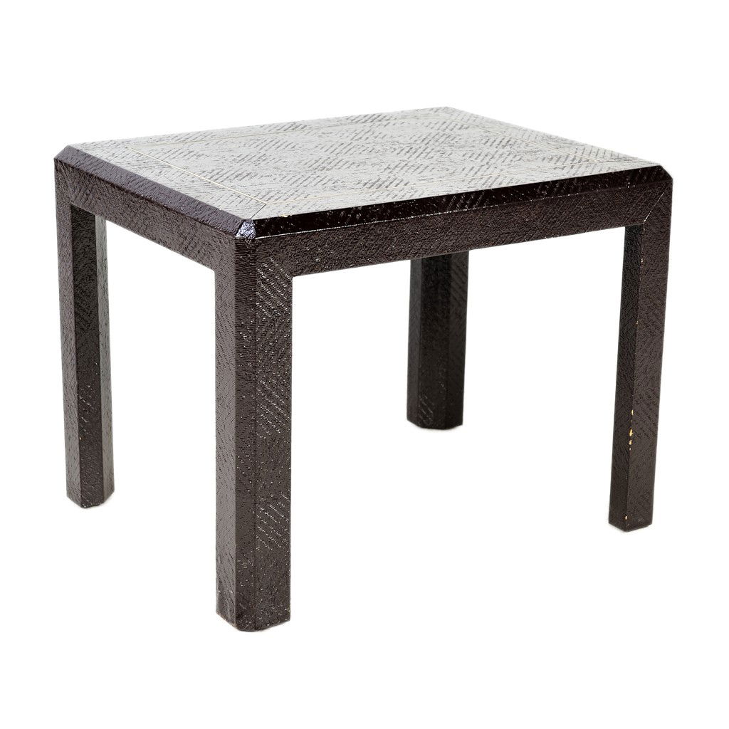 A PARSONS RECTANGULAR SIDE TABLE, 20th Century: A PARSONS RECTANGULAR SIDE TABLE, 20th Century brass inlaid beveled edge top; burgandy lacquer over woven wicker for texture 22 1/2 x 29 x 23 1/2 inches