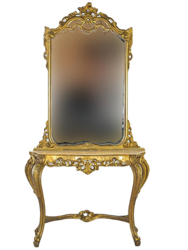 A LOUIS XV GILDED CONSOLE AND MARBLE TOP TABLE WITH: A LOUIS XV GILDED CONSOLE AND MARBLE TOP TABLE WITH A GILDED MIRRORtable 34 1/2 x 49 1/2 x 14 1/2 inches; mirror 57 1/2 x 44 x 3 1/2 inches