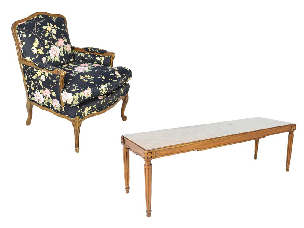 A LOUIS XVI STYLE WALNUT COFFEE TABLE AND BERGERE : A LOUIS XVI STYLE WALNUT COFFEE TABLE AND BERGEREthe coffee table with lattice work top inset with burl veneer paneling; on tapered columnar fluted legs 2 pieces 17 1/2 x 55 x 18 inches (table) / 35 1