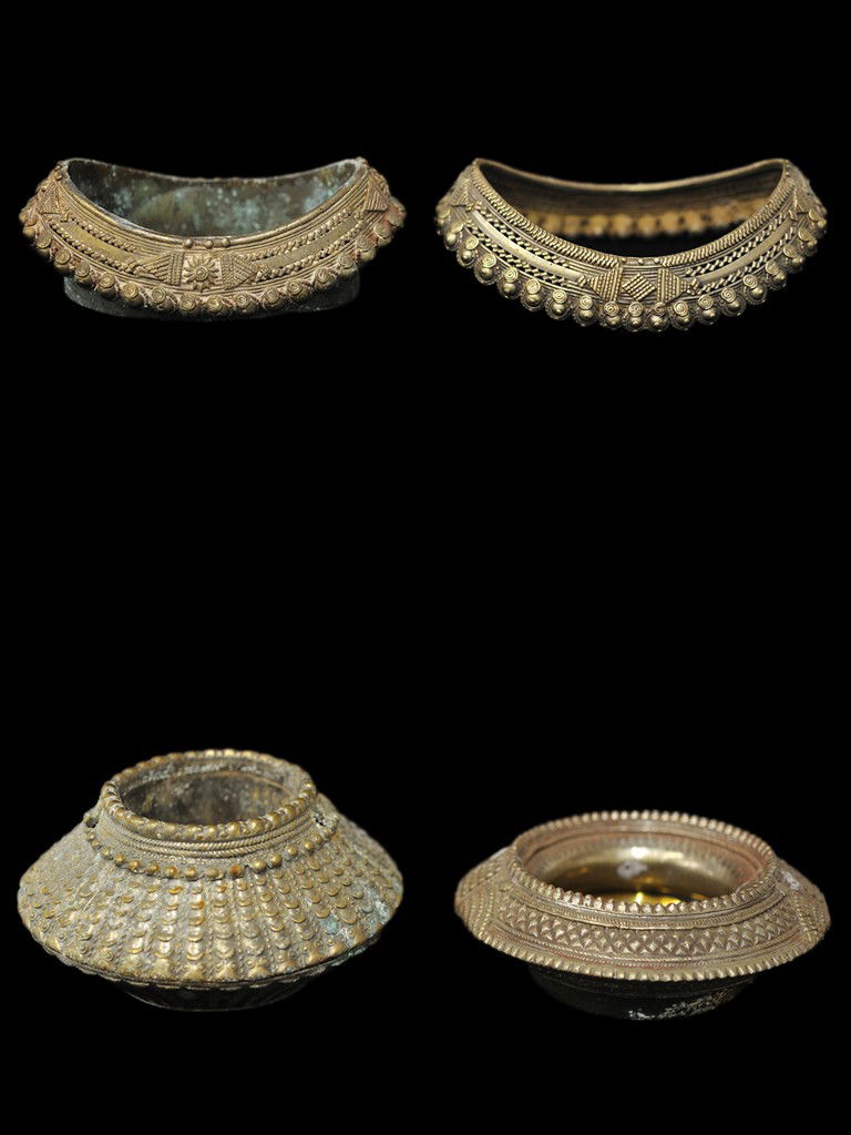 PAIR OF ASIAN ARMLETS/ANKLETS AND A TRIBAL LEG OR A: PAIR OF ASIAN ARMLETS/ANKLETS AND A TRIBAL LEG OR ARM ORNAMENT AND A SMALLER ORNAMENT WITH ATTACHED BRASS BOWL 4 pieces