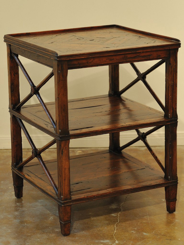 A SQUARE THREE TIER SIDE TABLE Plaque reads Antique: A SQUARE THREE TIER SIDE TABLE Plaque reads Antique Wood Castle Bromwich by hand Theodore Alexander 29 1/2 x 21 1/2 x 22 inches