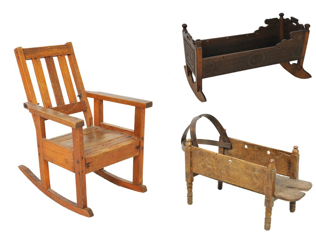 A LOUISIANA CYPRESS BABY COT / CRIB, A MISSION OAK: A LOUISIANA CYPRESS BABY COT / CRIB, A MISSION OAK CHILD-SIZE ROCKING CHAIR, America, 19th Century, AN AMERICAN CHERRY CHILD'S CRADLE, 17th Century the crib incised geometric carved plank sides raised