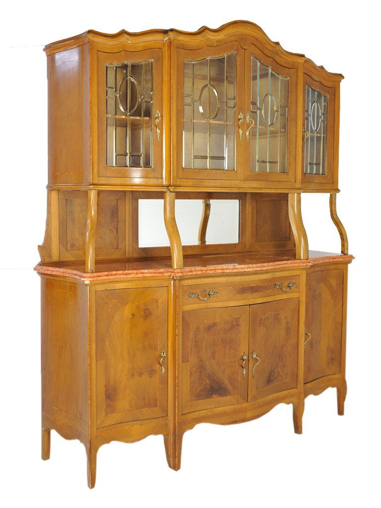 A LOUIS XV INLAID BUFFET: A LOUIS XV INLAID BUFFET beveled marble top, beveled mirror and beveled leaded glass 91 x 76 x 22 inches