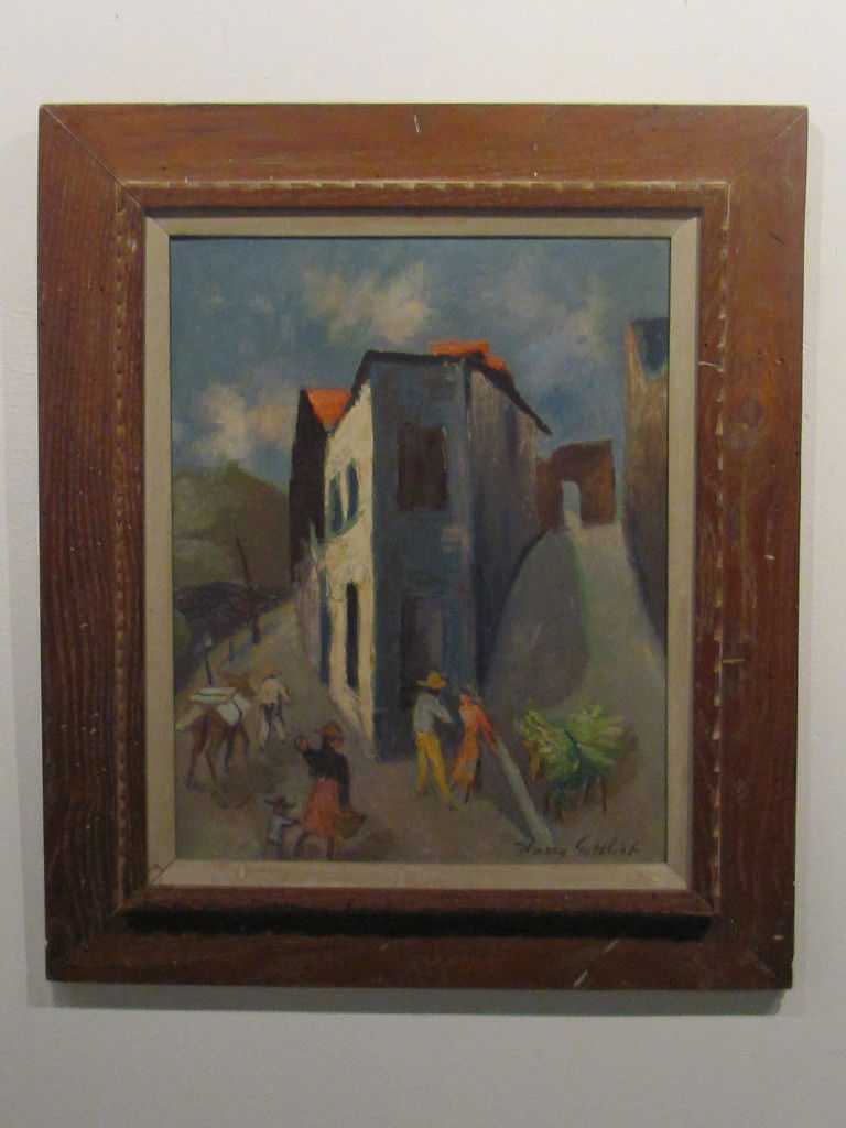 HARRY GOTTLIEB, (American, 1895-1993), Taxco Corner: HARRY GOTTLIEB (American, 1895-1993) Taxco Corner Oil on canvas Harry Gottlieb was an important 20th Century Social Realist and an early member of the WPA. This painting bears an Athena Gallery label