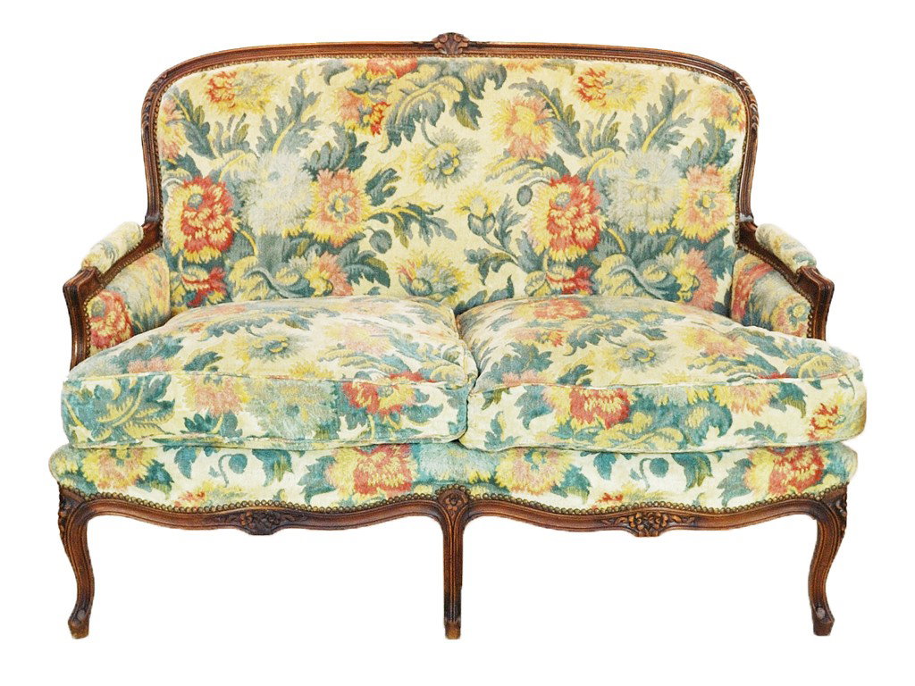 A LOUIS XV WALNUT AND UPHOLSTERED SETTEE 19th Cent: A LOUIS XV WALNUT AND UPHOLSTERED SETTEE 19th Century 37 x 50 x 25 inches