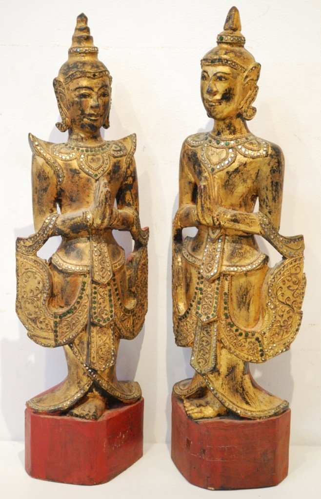 A PAIR OF VINTAGE THAI CARVED & GILDED WOOD FIGURES: A PAIR OF VINTAGE THAI CARVED & GILDED WOOD FIGURES 28-1/2 X 9-1/2 X 5-1/2 inches