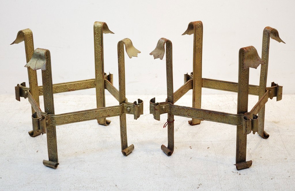 A PAIR OF VINTAGE GILDED IRON ART DECO TABLE BASES: A PAIR OF VINTAGE GILDED IRON ART DECO TABLE BASES Of unusual form. Note: tops lacking; some oxidation to surface 21 x 19-1/2 x 19-1/2 inches