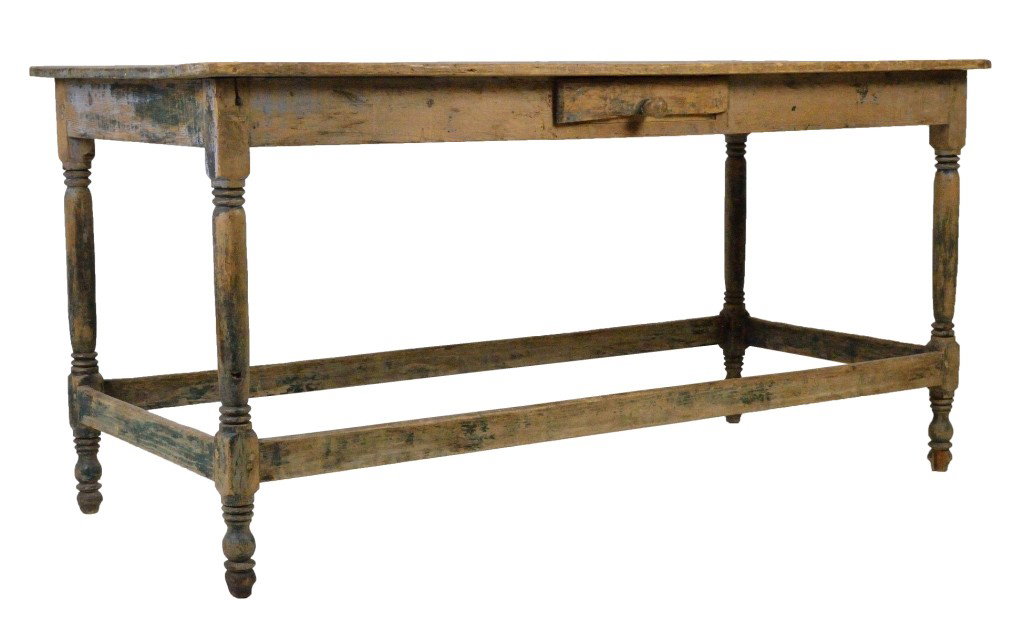 A LARGE PAINTED FARM WORK TABLE LATE 19th Century: A LARGE PAINTED FARM WORK TABLE LATE 19th Century The oak tongue and groove plank top is supported by a recessed apron and bold turned legs with recessed panels at the ends. Wear to table and loss of 