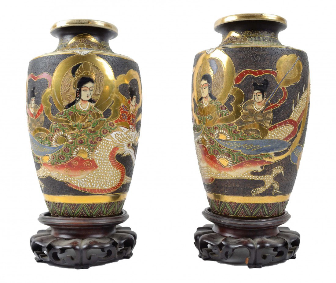 A PAIR OF SATSUMA VASES WITH STANDS: A PAIR OF SATSUMA VASES WITH STANDS 12 ½ x 6 x 6 inches