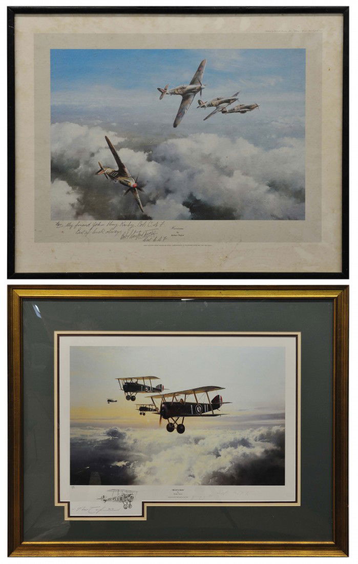 A LOT OF TWO PRINTS "HIGH PATROL" 325/850 Signed: A LOT OF TWO PRINTS ""HIGH PATROL"" 325/850 Signed: Robert Taylor W. W. II fighter planes in action, framed with artists note to Col. Kirby. various sizes