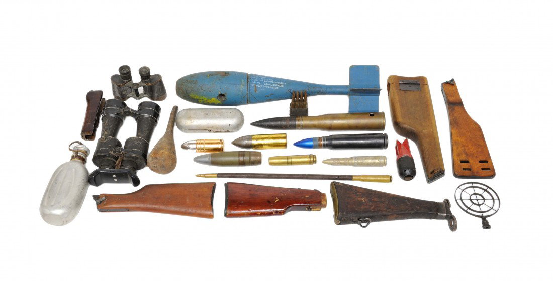 A LOT OF GUN PARTS, BINOCULARS AND MODEL BOMB: A LOT OF GUN PARTS, BINOCULARS AND MODEL BOMB VARIOUS