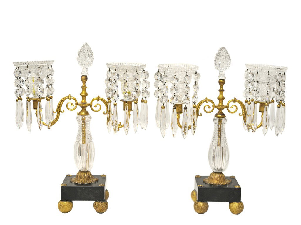 A PAIR OF 19th CENTURY FRENCH GIRANDOLES: A PAIR OF 19th CENTURY FRENCH GIRANDOLES on ebonized base; doré bronze incised ball feet 17 x 12 x 5 inches (43.2 x 30.5 x 12.7 cm)