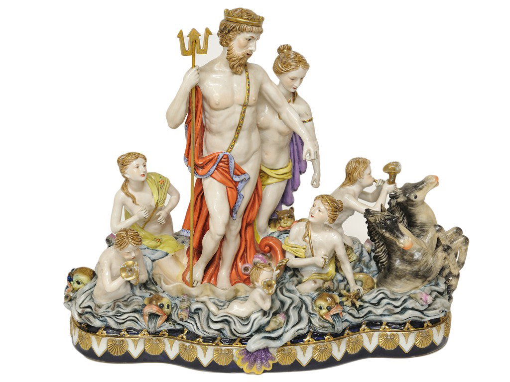 LARGE RICHARD KLEMM DRESDEN GILDED AND DECORATED PO: LARGE RICHARD KLEMM DRESDEN GILDED AND DECORATED PORCELAIN FIGURAL GROUP The large complex polychrome and gilded figural group depicting Neptune and Venus standing in a shell chariot pulled by two hor