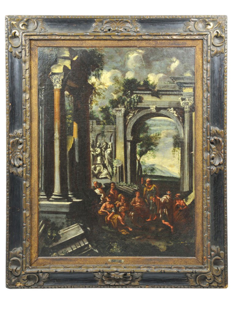 HUBERT ROBERT, (French 1733-1808), The Fountain, O: HUBERT ROBERT (French 1733-1808) The Fountain Oil on canvas Good condition 37 x 27 inches (94 x 68.6)