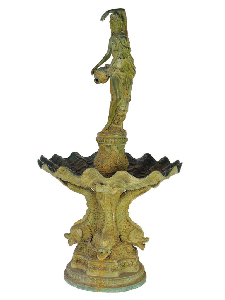 A TALL ITALIANATE TWO-PART PATINATED BRONZE FOUNTA: A TALL ITALIANATE TWO-PART PATINATED BRONZE FOUNTAIN 20th Century The figure of a roman maiden on an acanthus and foliate form circular pedestal; the maiden playfully spilling her water into a large s