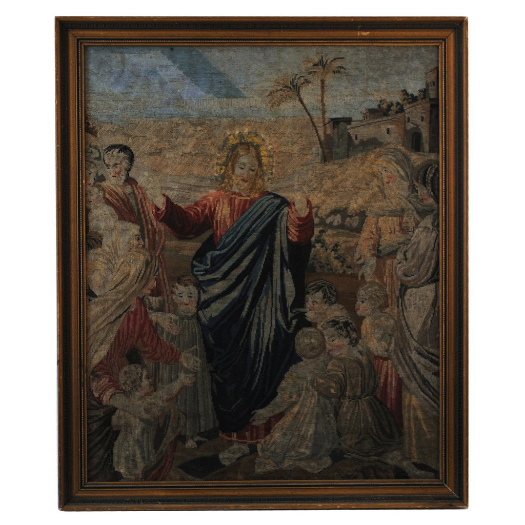NEEDLEPOINT , (Early XX Century), Jesus and the Ch: NEEDLEPOINT (Early XX Century) Jesus and the Children Good with period frame 28 x 23 inches (71.1 x 58.4 cm)
