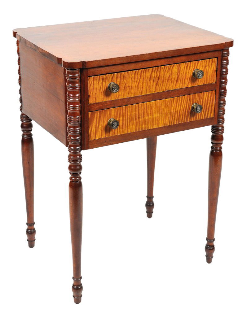 A FEDERAL STYLE MAHOGANY AND TIGER MAPLE TWO DRAWE: A FEDERAL STYLE MAHOGANY AND TIGER MAPLE TWO DRAWER SIDE TABLE New England, 1810 The mahogany top with satinwood stringer and inset radiused corners is supported by a conforming body that houses two t