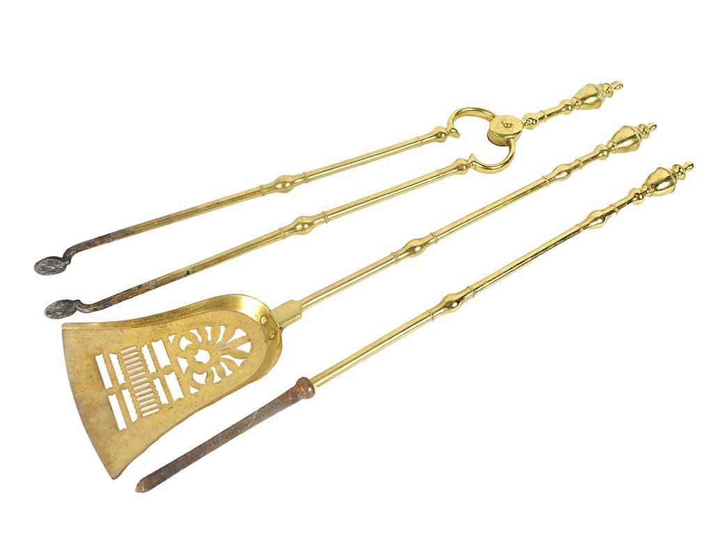 AN ADAM DESIGN SOLID BRASS AND IRON FIREPLACE TOOL: AN ADAM DESIGN SOLID BRASS AND IRON FIREPLACE TOOLS America, 19th Century includes tongs, shovel and poker; urn finial heads with beaded incised foliate decoration; lion and plume motif; shovel having