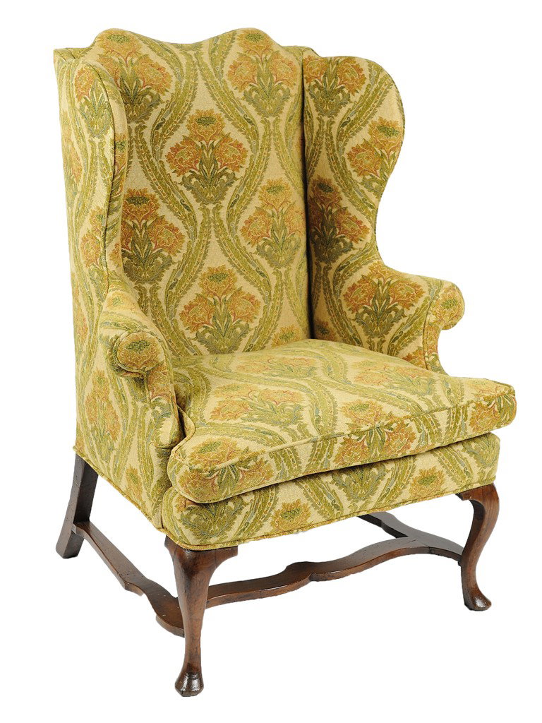 QUEEN ANNE STYLE WING CHAIR: QUEEN ANNE STYLE WING CHAIR The camel back crest with flaring wings and roll out upholstered arms and loose cushion on sprung deck. Raised on cabriole legs with slipper foot and shaped H-stretcher. gr