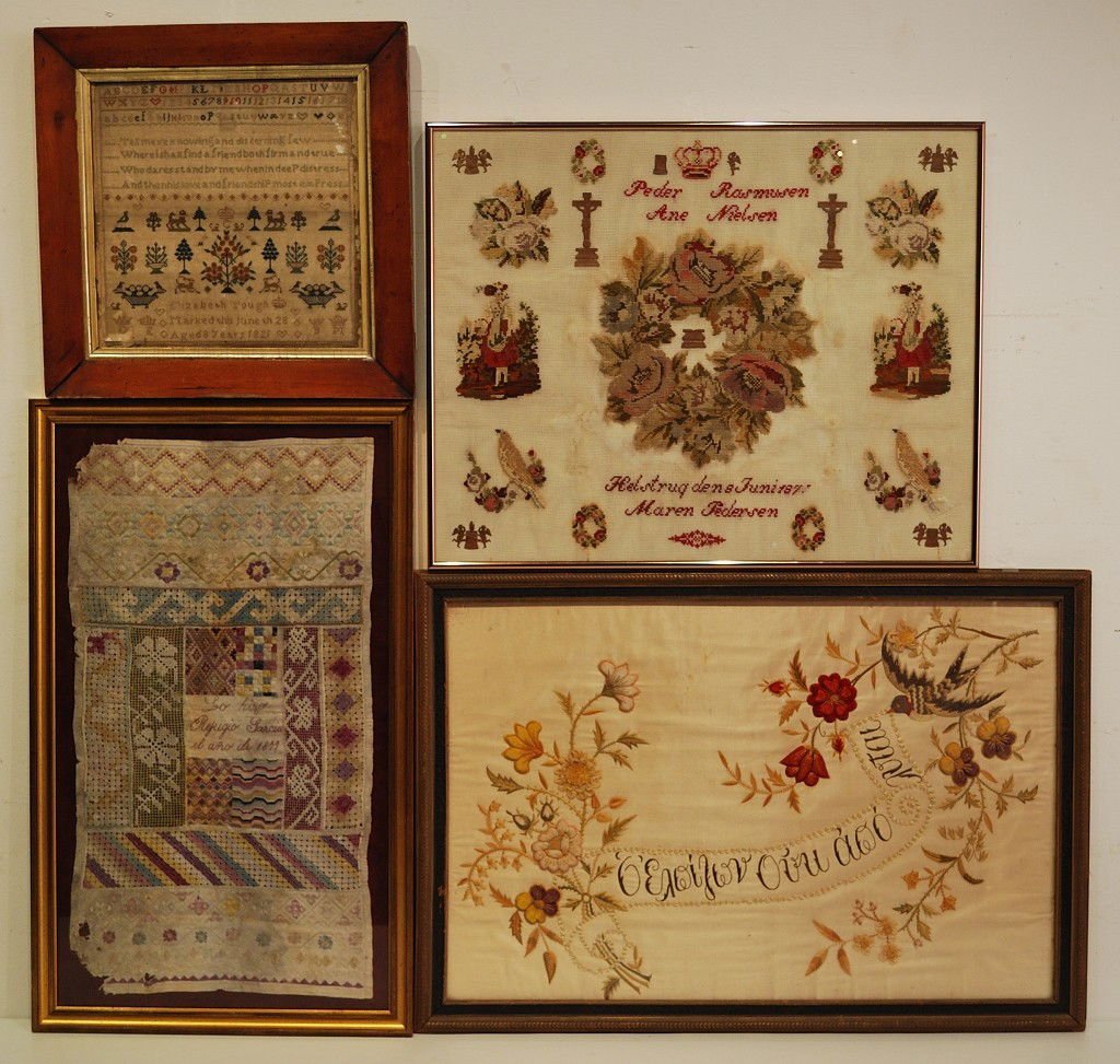 FOUR ANTIQUE CONTINENTAL NEEDLEWORKS & SAMPLERS: FOUR ANTIQUE CONTINENTAL NEEDLEWORKS & SAMPLERS Consisting of an English sampler, a Scandinavian sampler, a silk embroidery of birds and flowers (possibly Eastern European), and a Spanish or Mexican s