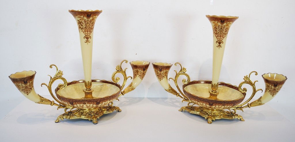 A PAIR OF DECORATIVE GLASS & BRASS CENTERPIECE EPER: A PAIR OF DECORATIVE GLASS & BRASS CENTERPIECE EPERGNES Of modern make with finely painted details. 26 x 33 1/2 x 15 1/2 inches
