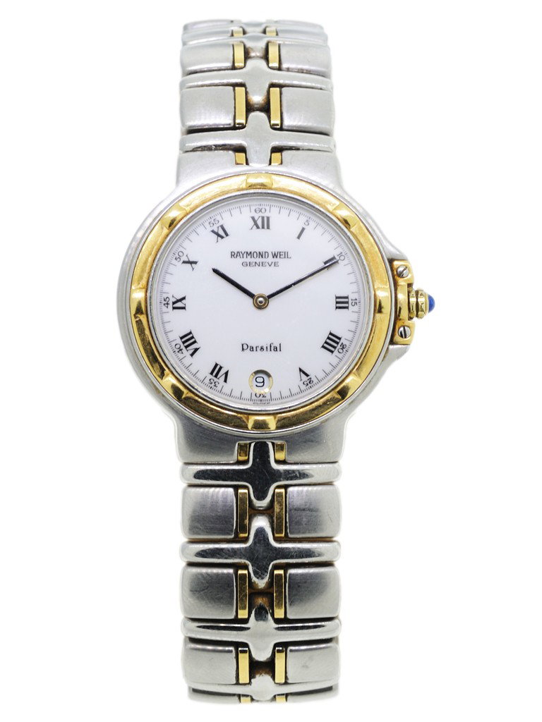 RAYMOND WEIL PARSIFAL GENEVE: RAYMOND WEIL PARSIFAL GENEVE Two tone. White dial with black Roman numeral hour markers. Date at 6 PM. Sapphire scratch resistant crystal. Blue sapphire on crown. Model 9190.