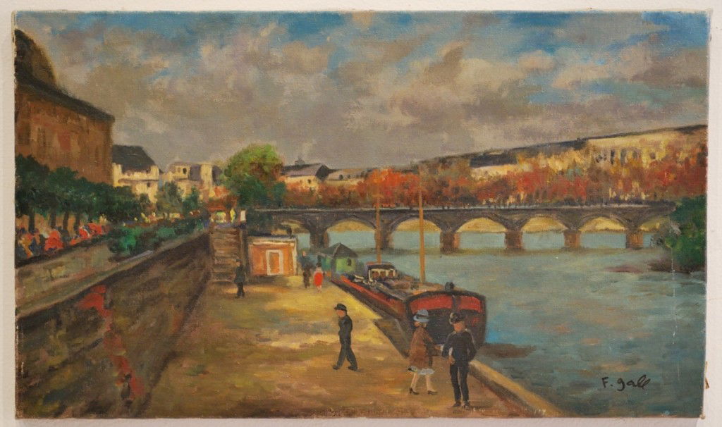 A FRENCH MODERNIST CITYSCAPE PAINTING SIGNED F. GA: A FRENCH MODERNIST CITYSCAPE PAINTING SIGNED F. GALL A well executed oil on canvas painted in the manner of Francois Gall (French, 1912-1987). 10 ½ x 18 x 1 inches