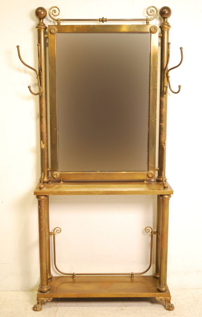 180 A VINTAGE BRASS HALL TREE WITH BEVELED MIRROR
