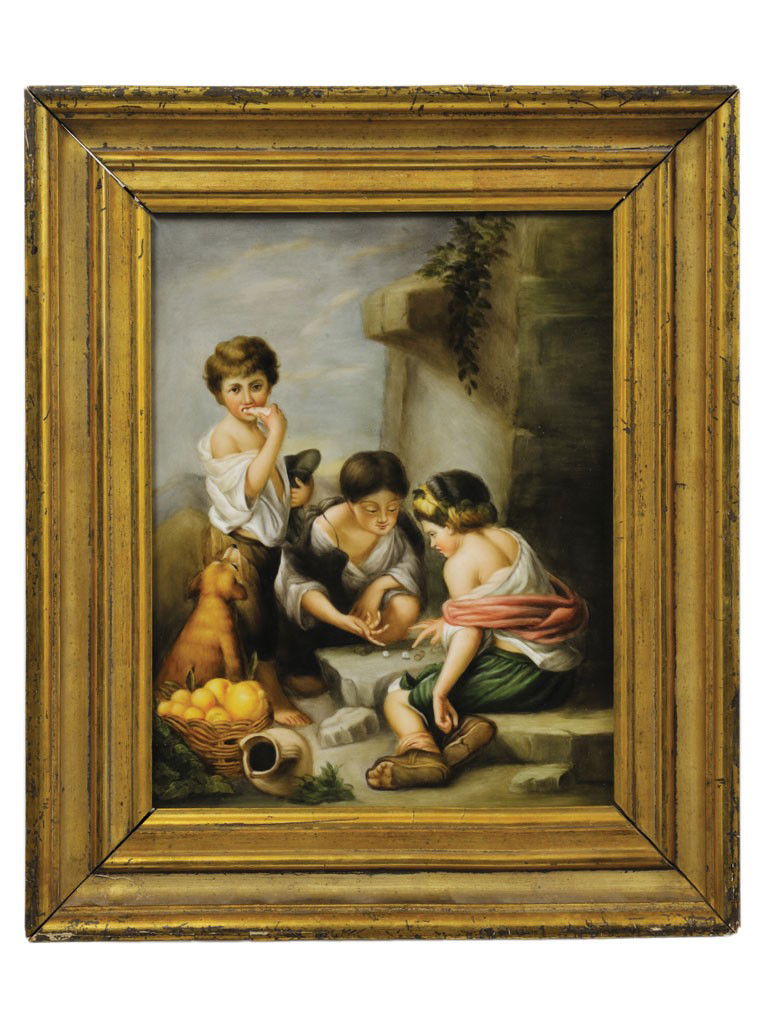 A BERLIN (K.P.M.) RECTANGULAR PLAQUE OF PEASANT BOY: A BERLIN (K.P.M.) RECTANGULAR PLAQUE OF PEASANT BOYS PLAYING WITH DICE LATE 19TH/20TH CENTURY Impressed illegible monogram and scepter mark, well painted 3 Peasant boys and their dog throwing dice, a