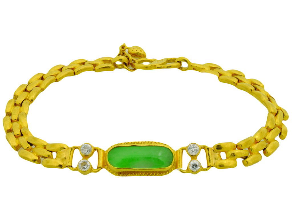24K CHINESE GOLD JADE AND ZIRCON BRACELET: 24K CHINESE GOLD JADE AND ZIRCON BRACELET - 7 3/8"" in length. Link chain styling. Center section set with 6 1/2 x 16 1/2 mm jadeite jade. and 4 colorless zircons. 25.7 grams.