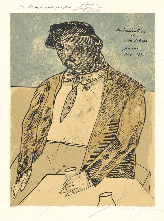 JOSÉ LUIS CUEVAS, (Mexican, b. 1934), Autorretrato: JOSÉ LUIS CUEVAS (Mexican, b. 1934) Autorretrato (Cafe Figaro), New York, 1982 Etching, aquatint in colors Edition number 82/100 Signed and titled within print; signed in pencil ""Cuevas 82"" lower r