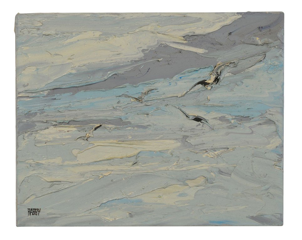 Jim Rabby, Gulls, Palette knife oil on Canvas, 16: Jim Rabby Gulls Palette knife oil on Canvas Gulls flying in a stormy sky, signed. very good condition. 16 1/2 x 20 1/2 inches