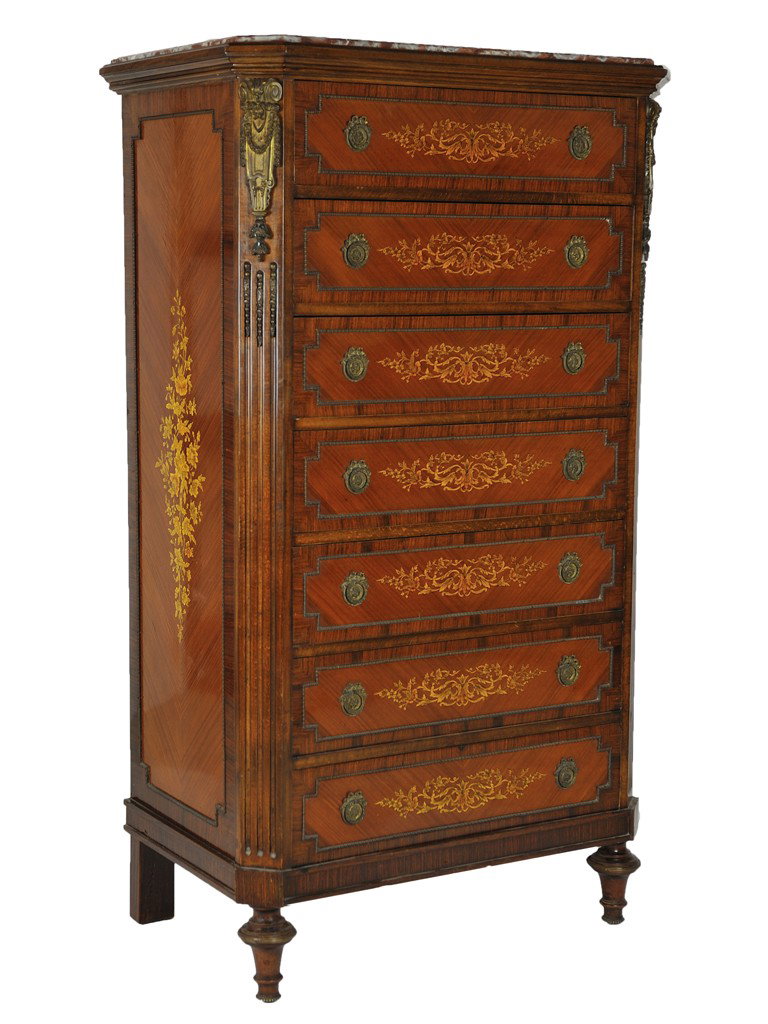 A FRENCH ROSEWOOD, WALNUT AND MARBLE MARQUETRY SEM: A FRENCH ROSEWOOD, WALNUT AND MARBLE MARQUETRY SEMAINIER 19th Century The brown and white agglomerate marble with cove edge is inset into a cornice supported by a rectilinear rosewood body housing sev