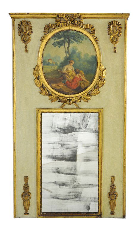 A LOUIS XVI STYLE PAINTED AND PARCEL GILT TRUMEAU: A LOUIS XVI STYLE PAINTED AND PARCEL GILT TRUMEAU Early 20th Century The molded cornice is supported by a sage painted wood plank frame punctuated by an oval, oil on burlap painting of a mother and so