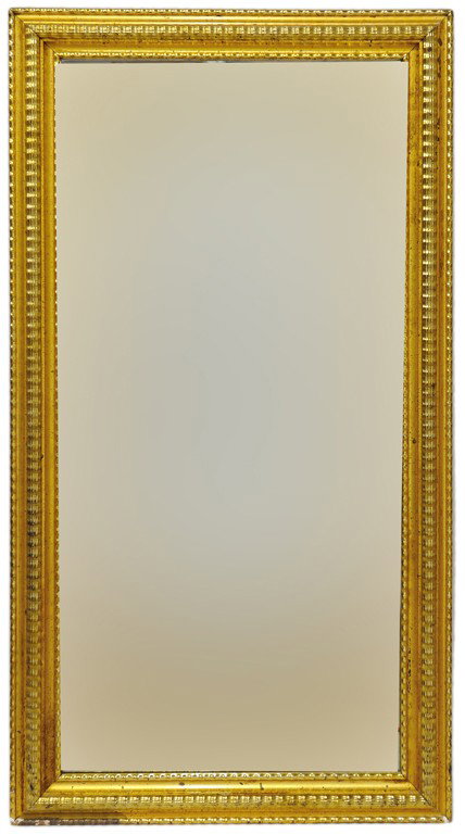 A DUTCH BAROQUE STYLE GILTWOOD RECTANGULAR MIRROR: A DUTCH BAROQUE STYLE GILTWOOD RECTANGULAR MIRROR Delicate gilt wood rope form carving frames a reeded and convex molding featuring wave carving at apex and at filet. Plain mirror plate. Gilt wood in 