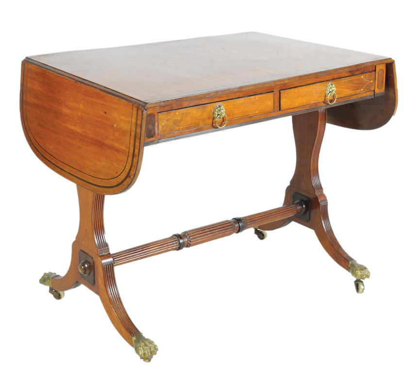 ENGLISH REGENCY STYLE INLAID MAHOGANY TWO DRAWER D: ENGLISH REGENCY STYLE INLAID MAHOGANY TWO DRAWER DROP LEAF SOFA TABLE 19th Century The oval mahogany top with a double stringer of ebony and walnut has a plain edge and two delicately inlaid frieze dr