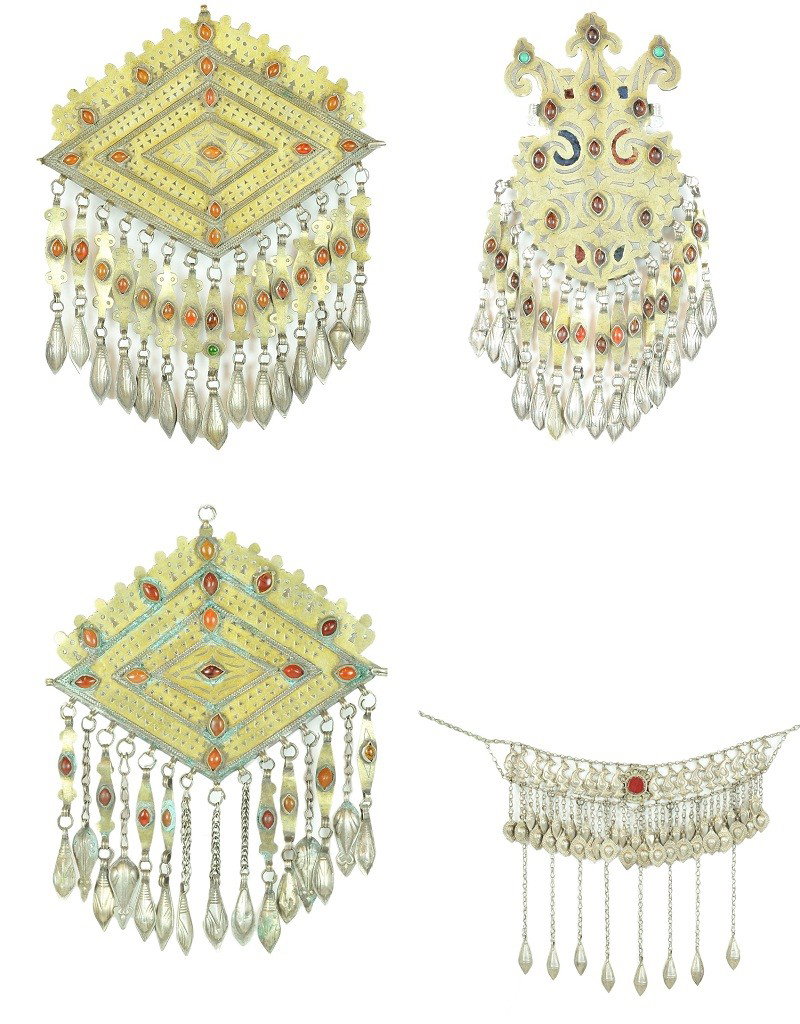 A LOT OF VINTAGE TURKMAN SILVER & CARNELIAN TRIBAL : A LOT OF VINTAGE TURKMAN SILVER & CARNELIAN TRIBAL JEWELRY Consisting of 3 pendants and a necklace necklace: 16 1/8 x 8 ¼ inches (40.9 x 21 cm)