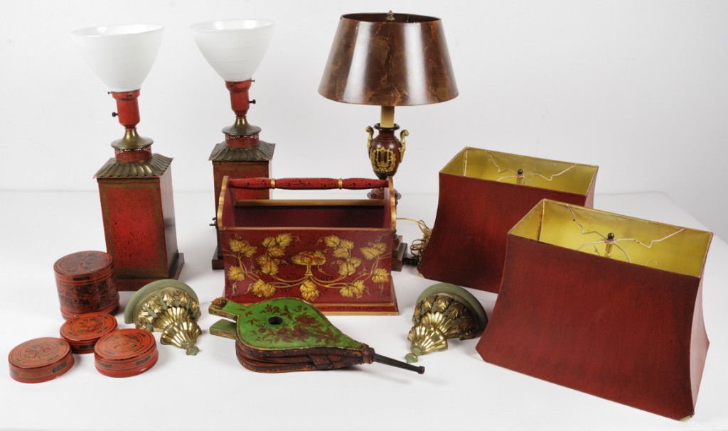 A GROUP OF DECORATIVE WOODEN AND TOLE ARTICLES: A GROUP OF DECORATIVE WOODEN AND TOLE ARTICLES Consisting of a polychrome bellows, lamps, brackets, etc... largest - 29 x 8 x 7 inches