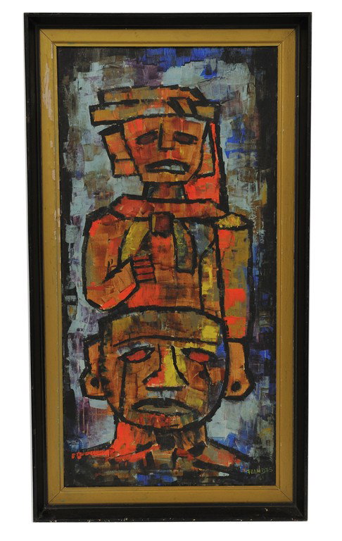 AN INTERESTING MAYAN THEMED MODERNIST OIL PAINTING: AN INTERESTING MAYAN THEMED MODERNIST OIL PAINTING Signed Flandes '61 31 X 15 inches