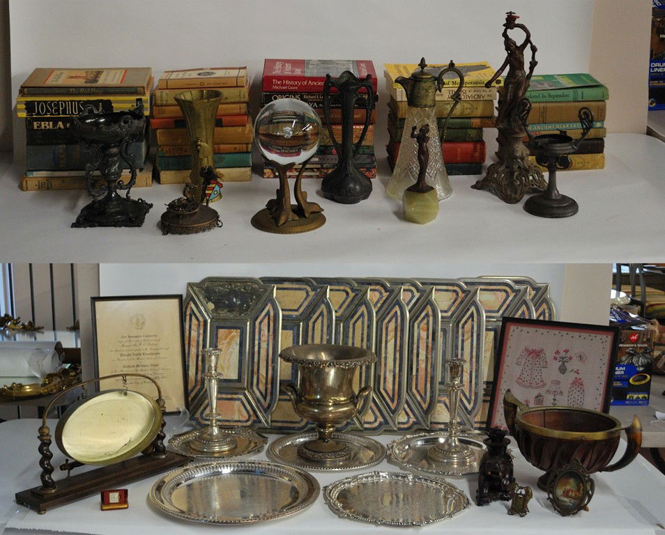 A LARGE GROUP OF BOOKS, DECORATIVE METAL OBJECTS, AND E: A LARGE GROUP OF BOOKS, DECORATIVE METAL OBJECTS, AND ESTATE ITEMS Approx. 70 pcs. 11 x 11 x 11