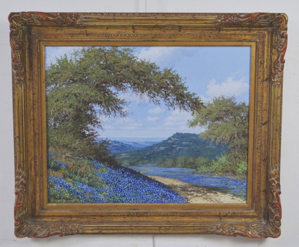 A DECORATIVE MODERN TEXAS BLUEBONNETS PAINTING: A DECORATIVE MODERN TEXAS BLUEBONNETS PAINTING Signed Robert Harison. Attractively framed. 14 X 24 inches