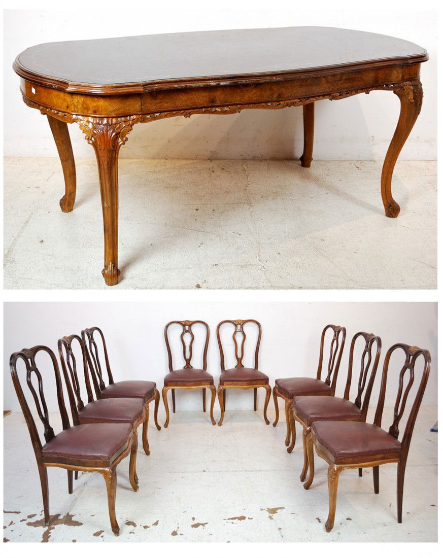 A VENETIAN WALNUT DINING TABLE AND CHAIRS: A VENETIAN WALNUT DINING TABLE AND CHAIRs Early 20th Century 31 x 73 ½ x 34 ½ inches