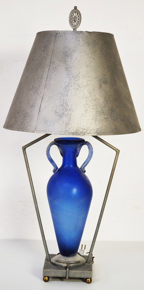BLUE GRECIAN VASE & METAL LAMP: BLUE GRECIAN VASE & METAL LAMP 33 ½ x 18 x 18 inches