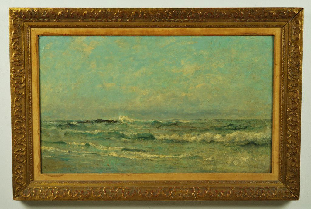 AN ANTIQUE OIL PAINTING ON CANVAS SIGNED EUGENE BOU: AN ANTIQUE OIL PAINTING ON CANVAS SIGNED EUGENE BOUDIN Depicts a tranquil seascape in the impressionist manner. Boudin (1824-1898) was noted for his seascapes and depictions of ships at sea. Note: som