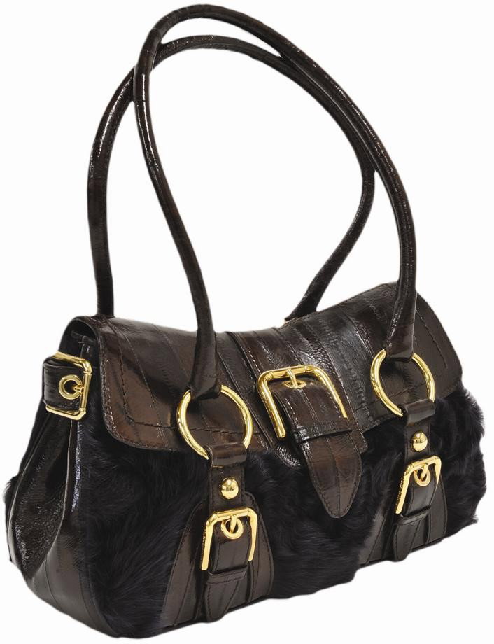 DOLCE & GABANNA FUR TOTE: DOLCE & GABANNA FUR TOTE made from dark brown eel skin and dark violet astrakan (Karakul lamb) with beautiful gone-tone hardware. Magnetic front closure, fully lined with Dolce & Gabanna embossed. 17 