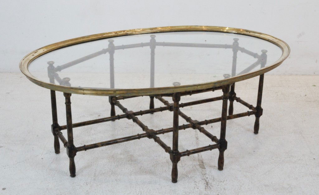 DESIGNER GLASS TOP COFFEE TABLE WITH BRASS RIM AND: DESIGNER GLASS TOP COFFEE TABLE WITH BRASS RIM AND BAMBOO BASE 16 X 30 X 30 inches