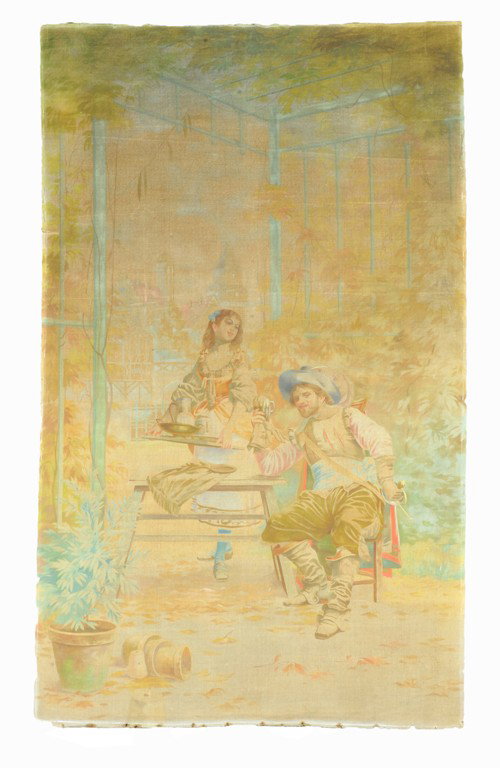 A CONTINENTAL FRENCH THEMED PAINTING ON CANVAS Earl: A CONTINENTAL FRENCH THEMED PAINTING ON CANVAS Early 20th Century, previously wall mounted. The whimsical scene of the exterior of a pub with a young maiden serving a cavalier ale. She dressed in a co