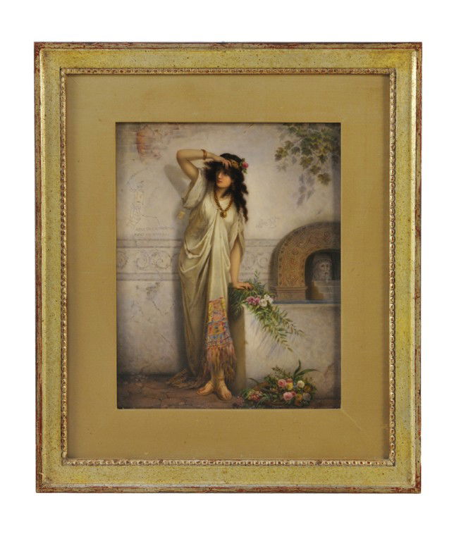 KPM HAND PAINTED PORCELAIN PLAQUE OF THEODORA Lat: KPM HAND PAINTED PORCELAIN PLAQUE OF THEODORA Late 19th Century, Berlin, Germany The attractively framed plaque of Theodora out of doors on a step with railing looking off into the distance. Impressed