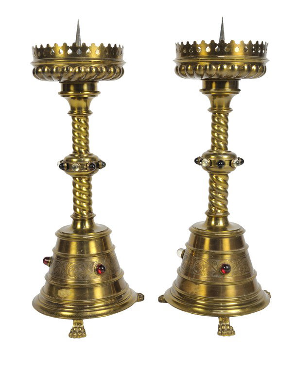 A LARGE PAIR OF ITALIAN GOTHIC STYLE BRONZE ALTAR : A LARGE PAIR OF ITALIAN GOTHIC STYLE BRONZE ALTAR STICKS Late 19th / Early 20th Century Each with a large lobed candle cup with a pierced trefoil gallery above a swirling waisted column that is center